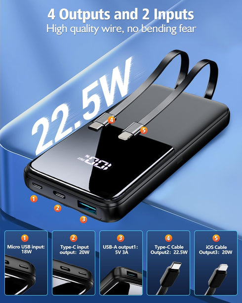 Portable Charger Power Bank - 15000mAh Fast Charging Powerbank with Built in USB-C(22.5W) and iOS(20W) Output Cable, LED Display Battery Pack for ...