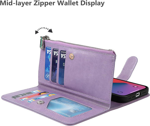 iCoverCase Compatible with iPhone 13 Pro Wallet Phone Case with Card Holder, PU Leather Zipper Pocket Magnetic Detachable Flip Case with Wrist Str...