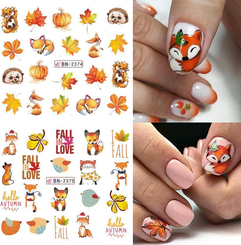 Fall Nail Art Sticker Water Decals Transfer Nail Supplies with 3D Gold Maple Leaf Squirrel Fox Falling Leaf Designs for Women Thanksgiving Day Dec...
