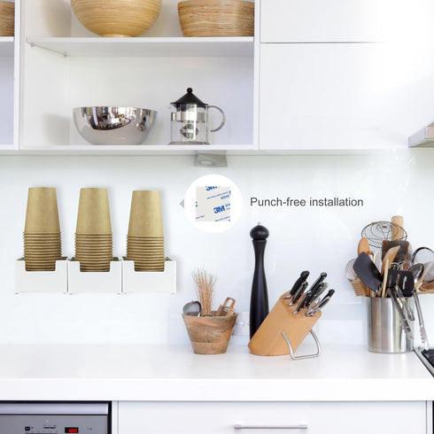 Paper Cup and Lid Holder, 3 Compartments Plastic Coffee Cup Storage Organizer, Wall Mount Disposable Cup Dispenser for Countertop, Breakroom, Bath...