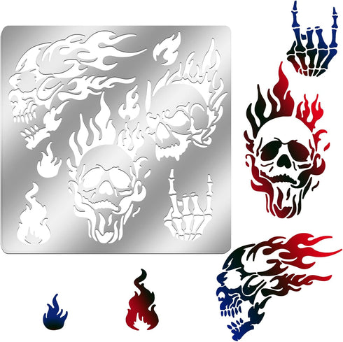 6x6 inch Metal Skull Stencil Fire Skull Pyrography Stencils Template for Halloween Wood Carving, Drawings and Woodburning, Engraving and Scrapbook...