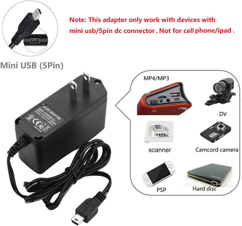 DC 5V Mini USB Cable AC DC Adapter Mini 5 Pin Charger for Portable Hard Disk,MP3,MP4,Camera,Tablet,Card Reader,Hub,DVR(NOT for Cell Phone),Black...