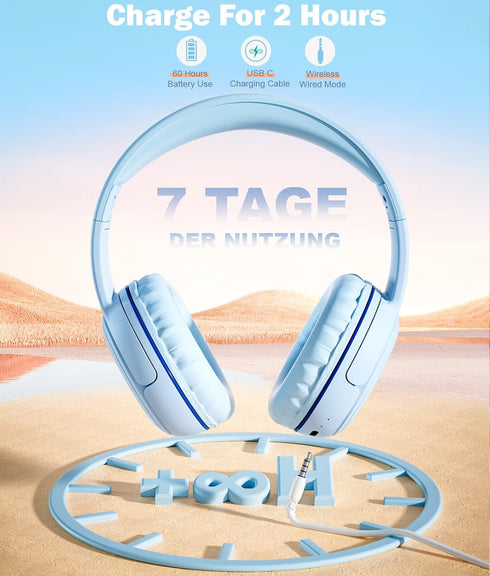 Kids Headphones, Over-Ear Headphones Bluetooth Wireless Kids with Mic, 85/93dB Volume Limited, Stereo Sound, Wired Inline AUX Cord Headphones for ...