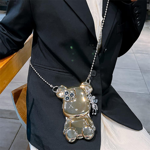 LANJINDENG Compatible with iPhone 15 Pro Case Kawaii 3D Gold Teddy Bear Luxury Design for Women Girls with Silver Metal Chain Strap Bell Pendant S...