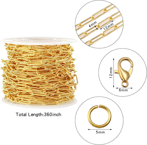 Forise 30 Feet Gold Plated Cable Links Chain 4mm Necklace Chains for DIY Jewelry Making,Necklace Chains Set with 20Pcs Lobster Clasps 50Pcs Jump R...