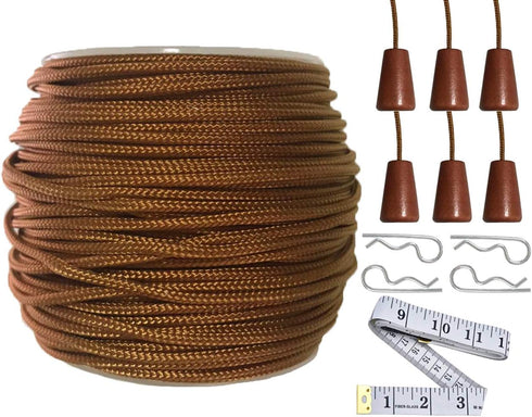 Y-Axis Roll of 60 Yards 2.0mm Light Brown (Bronze) Braided Nylon Lift Shade Cord with 6 Pack Brown Wood Cord Knobs + Soft Tape...