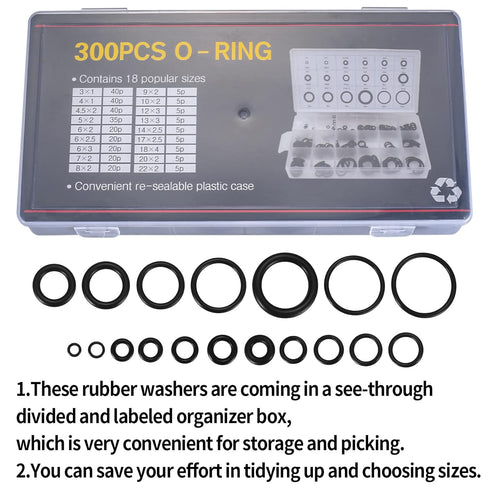 300 Pcs Rubber O-Rings Assortment Kit, 18 Sizes Nitrile Rubber O Rings Sealing Kits, for Plumbing, Faucet Tap, Automotive Repair, Mechanic, Air or...