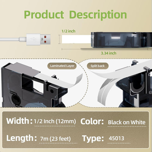 A45013 D1 Label Tape S0720530 Replace for Dymo Label Maker Refills d1 45013, 1/2 in x 23 Ft Black on White Compatible with DYMO LabelManager 160 2...