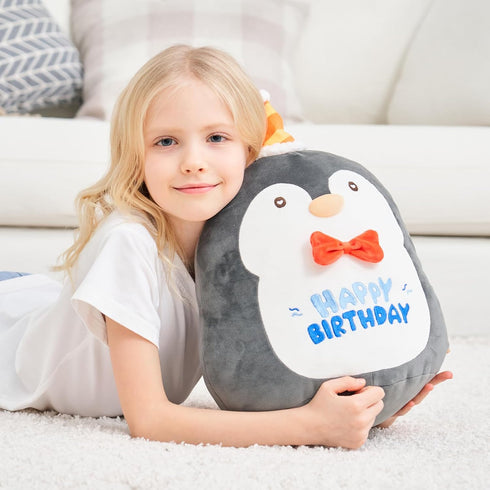16 inch Happy Birthday Penguin Plush Pillow, Soft Penguin Plushies Toy, Cute Ocean Stuffed Animal Home Room Decoration Birthday Party Gift for gir...