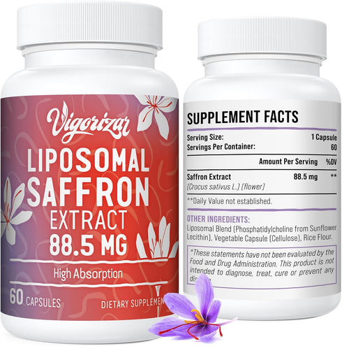Liposomal Saffron Supplements - 100% Pure Saffron Extract 88.5 mg, Better Bioavailability - 60 Veggie Capsules, Made in USA...