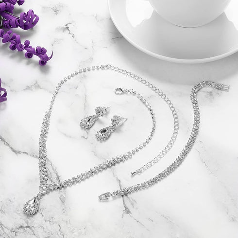 Yolev Bride Wedding Jewelry Set Wedding Rhinestones Necklaces Bridal Crystal Teardrop Dangle Earrings and Bracelet Bridesmaid Jewelry Accessories ...
