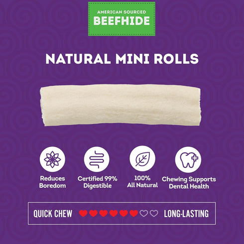 American Sourced Beefhide Mini Rolls 3-3.5" Dog Chew Treats - Natural Flavor, 40 Count/1 Pack...