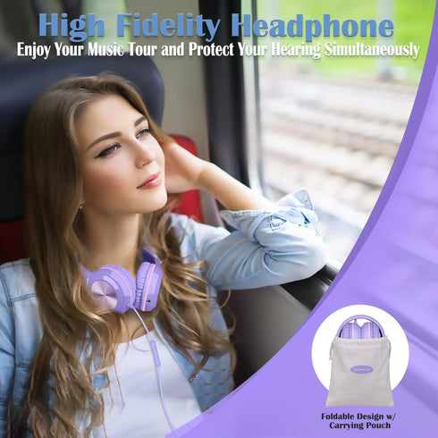 SIMOLIO Wired Headphones for Kids, Girls School Headphone with Microphone & Safe Volume Limiter & Shareport, Foldable Adjustable Over Ear Headsets...