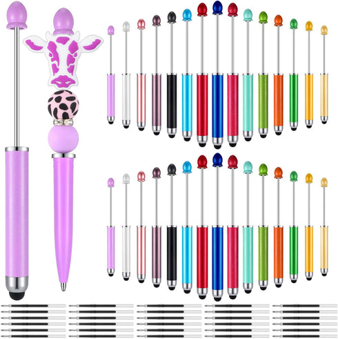 30 Pcs Plastic Beadable Pens 2 in 1 Stylus Bead Pen Empty Tube Floating Black Ink Bead Pens with 30 Pcs Black Refills for DIY Making Gift Kids Stu...