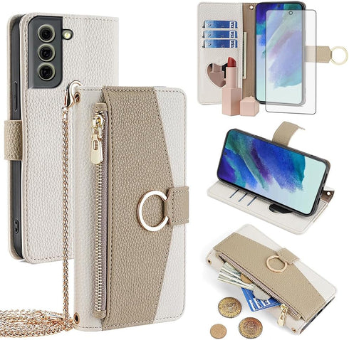 Asuwish Phone Case for Samsung Galaxy S21 FE 5G Wallet Cover with Screen Protector and Mirror Flip Cover Ring Card Holder Crossbody Strap Stand Ce...
