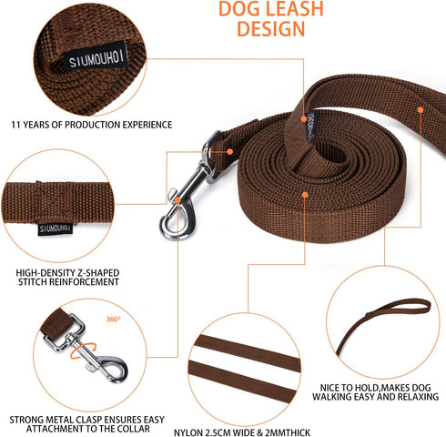 Strong Durable Nylon Dog Training Leash, 1 Inch Wide Traction Rope, 6 ft 10ft 15ft Long, for Small and Medium Dog (Brown, 10 Feet)...