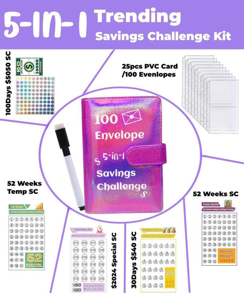 100 Envelope Challenge Binder,2024 Exclusive 52 Weeks / 100 Days 5050 Money Savings Challenges Notebook,5-in-1 Budget Planner, Budget Notebook Bin...