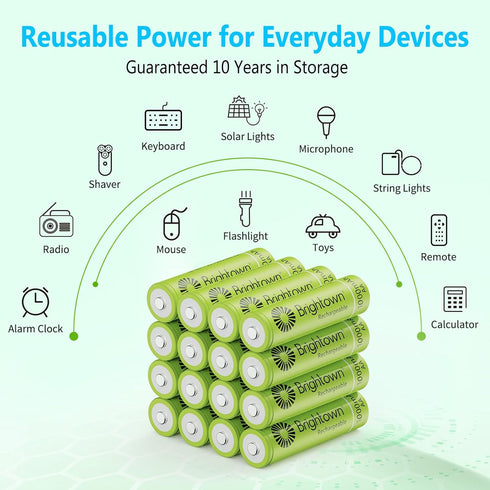 Brightown 16 Pack Rechargeable Battery AA, NiMH Pre Charged Double A Battery for Solar Lights and Household Devices, Recharge up to 1000 Cycles...