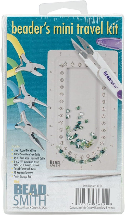 The Beadsmith Beader’s Mini Travel Kit - Color-ID Set – includes Bead Board, Side Cutter, Round Nose, Chain Nose, Thread Snippers, Tweezers and St...