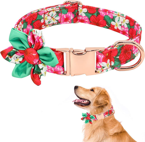 DALUZ Girl Dog Collar with Flower, Adjustable Soft Comfy Floral Dog Collar for Small Medium Large Dogs, Stylish Small Pink Dog Collar with Metal S...