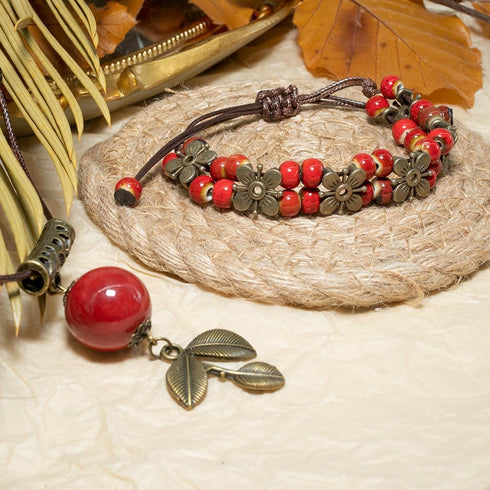 Handmade ceramic Jewelry Sets, Vintage Long Necklaces for Women and Bohemian Bracelet Set, Gift for Mother, Girlfriend, Lover, friends (Red bead)...