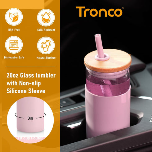 Tronco 20 oz Glass Tumbler with Lid and Straw, Reusable Iced Coffee Cup with Silicone Sleeve & Bamboo Lid, Smoothie Cup for Home, Office, for Fath...