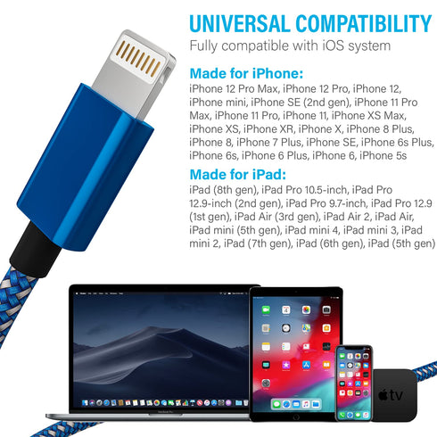 iPhone Charger Lightning Cable, 1 Pack 6 ft Blue/White Nylon Braided USB Charging High Speed Data Sync Transfer Cord Compatible with iPhone 14 13 ...
