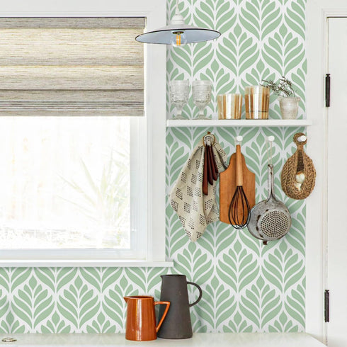 Cohoo Home Green Wallpaper Peel and Stick Wallpaper Boho Contact Paper for Cabinets Modern Self-Adhesive Removable Wallpaper Sage Green White Leaf...