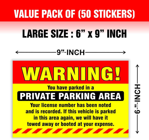 Private Parking Stickers (Pack of 50) Reserved No Permit Area Violation Warning Notice Vehicle is Illegally Parked - Large Size 6" X 9" – Yellow...