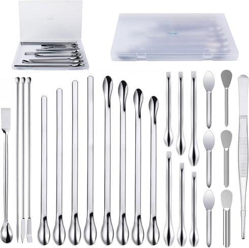 25 Pcs Stainless Steel Lab Spatula Micro Scoop Set Laboratory Tiny Mixing Spatula with Tweezers Long Sampling Spoon for Powders Gel Cap Capsule Fi...