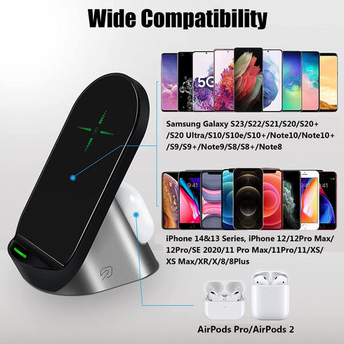 Wireless Charger, 2 in 1 15W Dual Fast Wireless Charging Stand Station for AirPods 2/Pro, iPhone 15/15 Plus/15 Pro Max/14/13/12 Pro Max/11/SE/XS/X...