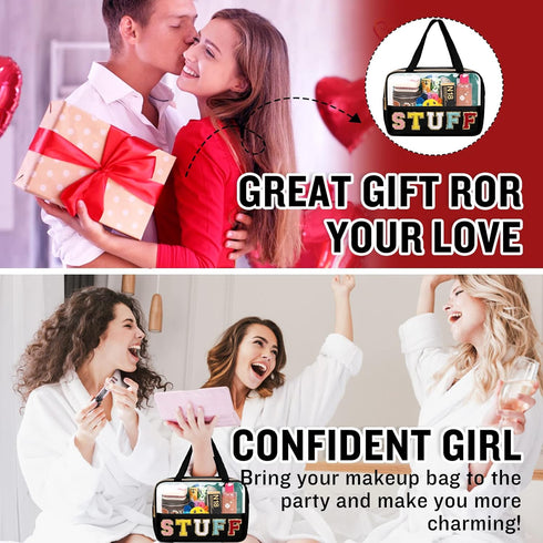 Chenille Letter Clear Makeup Bags Stuff Tote, Preppy Patch Makeup Bag Zipper with Handle, Waterproof PVC & Nylon Portable Glitter Large Cosmetic T...