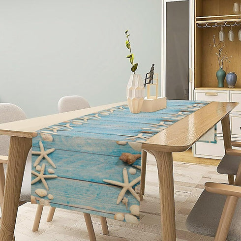 Summer Beach Table Runner Dresser Scarves Beach Theme Cotton Linen Seashells Starfish Blue Rustic Wood Table Setting Decor for Wedding Party Holid...