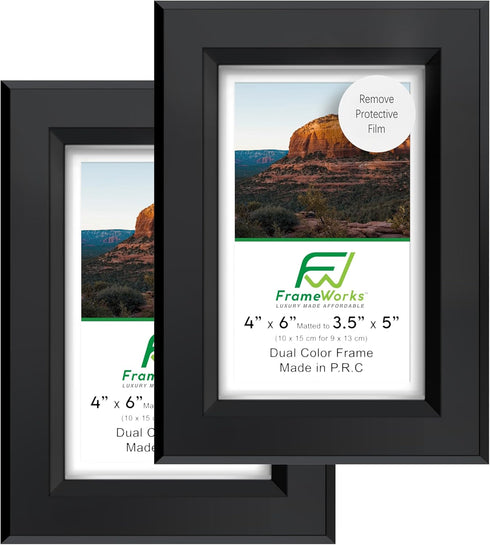 FrameWorks 2-Pack 1 3/8" Thick Black Wooden Shadow Box Picture Frames 4” x 6” with Removable White Mat to 3.5" x 5" Photo...