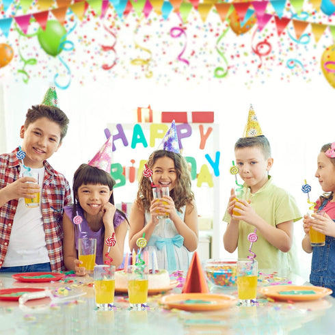 Candyland Party Supplies Drinking Plastic Straws Reusable 24 for Kids Sweet Candy Lollipop Birthday Party Favors with 2 Cleaning brush...