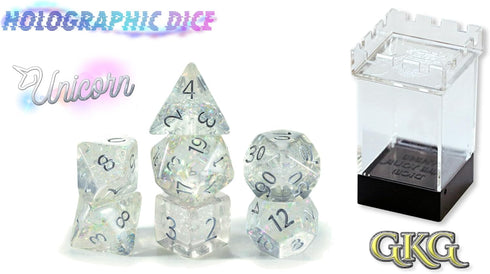 Gate Keeper Games and Dice: Holographic Dice: Unicorn - 7pc Set, Transparent, Holographic Glitter Swirl, 7 Resin Dice for Role Playing Games...