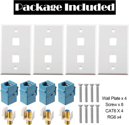 4 Pack Ethernet Coax Wall Plates, Cat6 Coax Wall Plate with Ethernet Port and Gold-Plated TV Coax Cable F-Type Port (Blue)...