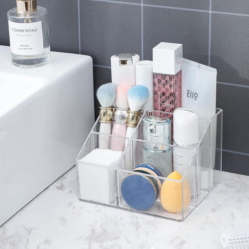 Yesesion Clear Makeup Organizer with 5 Compartments, Plastic Bathroom Counter Storage for Skincare, Toothbrush, Cosmetics Brushes, Palette, Lipsti...