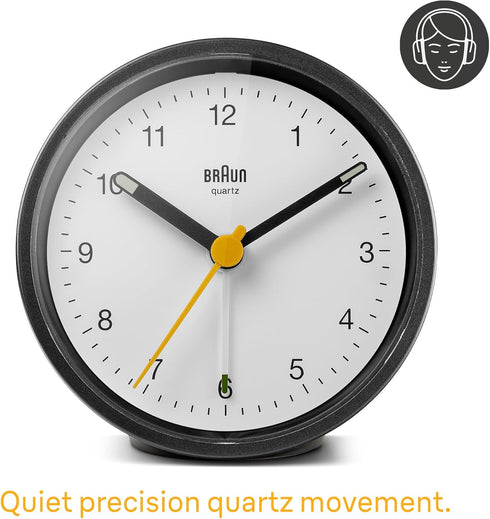 Braun Classic Analogue Alarm Clock with Snooze and Light, Quiet Quartz Movement, Crescendo Beep Alarm in Black and White, Model BC12BW....