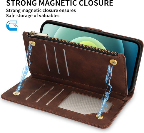 ZZXX for iPhone 12 Mini Wallet Case with Card Slot Premium Soft PU Leather Zipper Flip Folio Wallet with Wrist Strap Kickstand Protective for iPho...