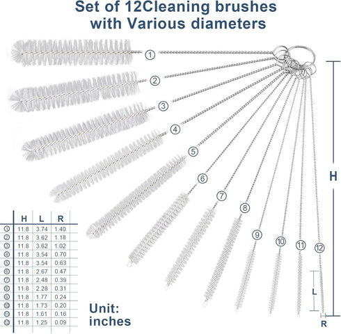 Straw Cleaner Brush Set, 12-Piece 11.8 Inch Long Botthle Cleaning Brush, Nylon Tube Brush Kit for Straws on Tumbler, Water Bottle, Sippy Cup and P...