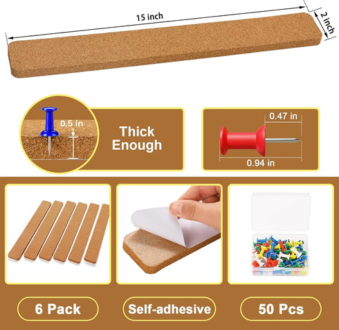 Cork Boards for Walls, 6 Pack 15 x 2 x 0.5 in Adhesive Cork Board Strips for Walls Office with 50 Push Pins for Paste Notes, Photos, Schedules, Ph...