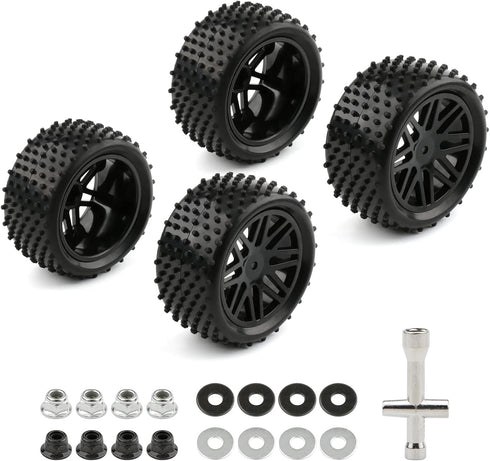 4 Pack RC Buggy Tires 12mm Hex Wheels and Tires 1/10 Off Road RC Buggy Wheels and Tires Tyres Set w/Lock Nuts and Wrench for Bandit VXL Tornado HS...