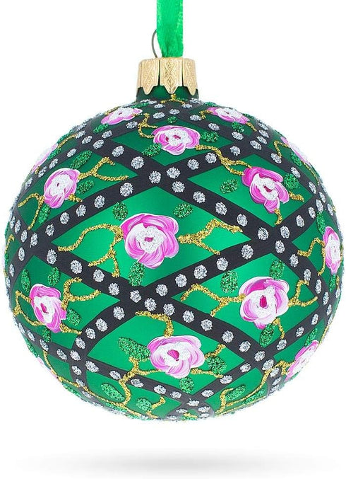 1907 Rose Trellis Royal Egg Green Glass Ball Christmas Ornament 3.25 Inches...