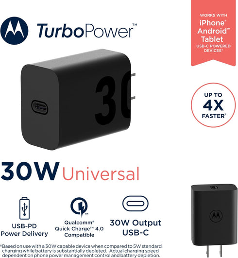 Motorola TurboPower 30 USB-C Charger - No Cable - for Moto G 2025, G Power 2025, G Power 5G (2024), Moto G Stylus 5G (2024), Motorola Razr (2024/2...