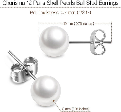 Charisma 8mm Composite Pearl Earrings Round Ball Pearls Stud Earrings Hypoallergenic 12 Pairs Imitation Pearl Earrings Set for Women...