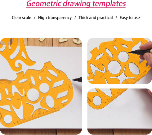 KESAPLAN 9 PCS Geometric Drawings Templates, Drafting Stencils Measuring Tools, Plastic Clear Orange Multi-Function Measuring Rulers with French C...