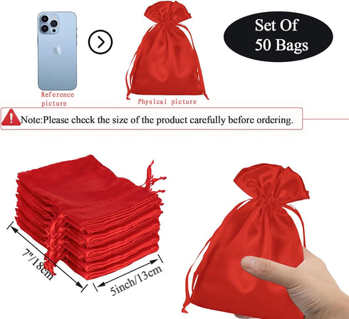 50 Pack 5X7 Red Satin Bags - Small Gift, Jewelry, Wedding Favor, Baby Shower, Party Favor Bags...