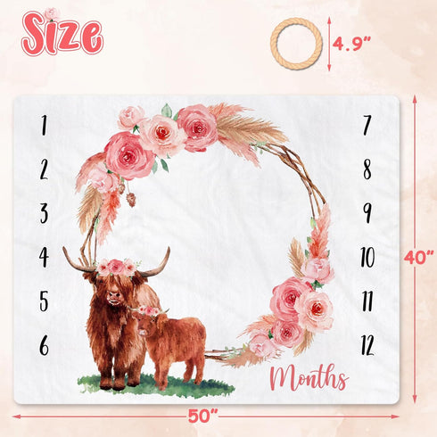 Highland Cow Baby Monthly Milestone Blanket Floral Scotland Photo Prop Blanket with New to The Herd Cattle Nursery Stuff Gift Ideas for Girl Newbo...