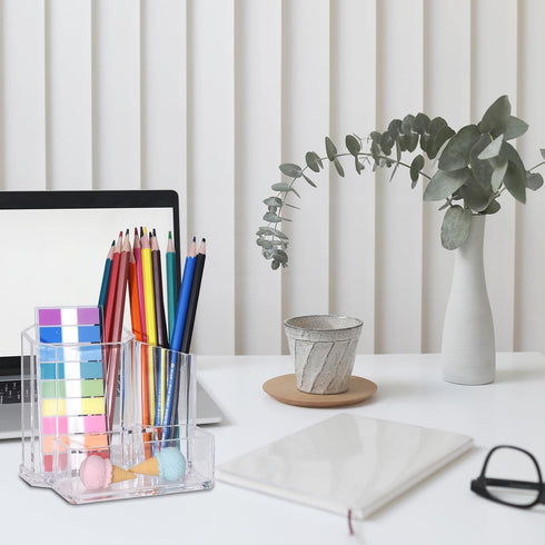 Clear Acrylic Pencil Pen Holder Cup, Desk Organizers and Accessories, Makeup Brush Holder 3 Compartments, Modern Minimalist Desktop Stationery Sto...